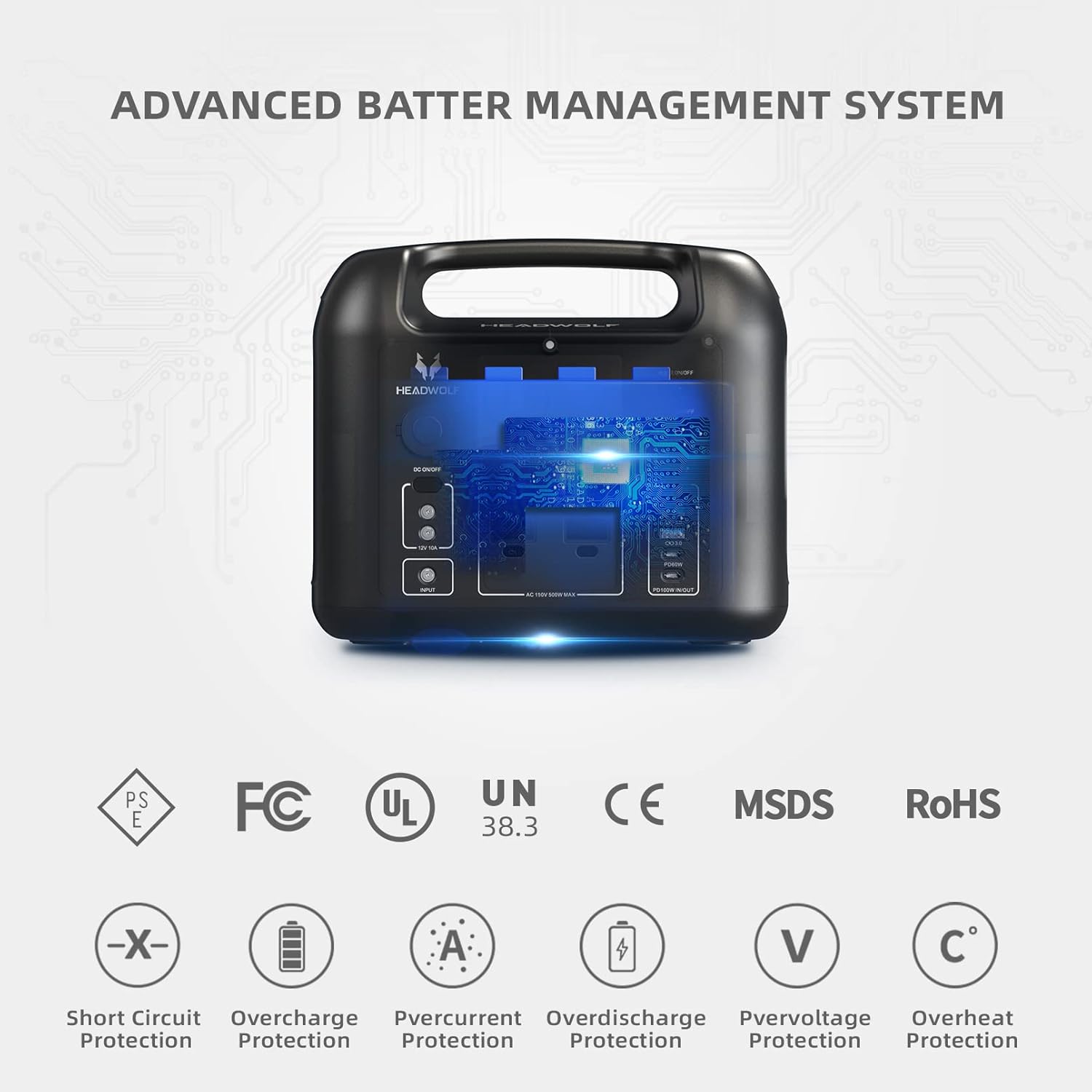 Headwolf D500 Portable Power Station, 518Wh LiFePO4 Battery Backup,110V/500W AC Outlets 9-Ports Outdoor Generator,PD100W in/Out Put Solar Generator for Camping, Outdoors,Home Blackout