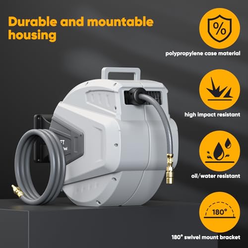 Retractable Air Hose Reel, 3/8 in x 65 Ft Heavy Duty Air Compressor Hose Reel with 180° Swivel Mount, Enclosed Auto-Rewind Hybrid Air Hose Reels Any Length Lock for Workshop Garage, 300 PSI