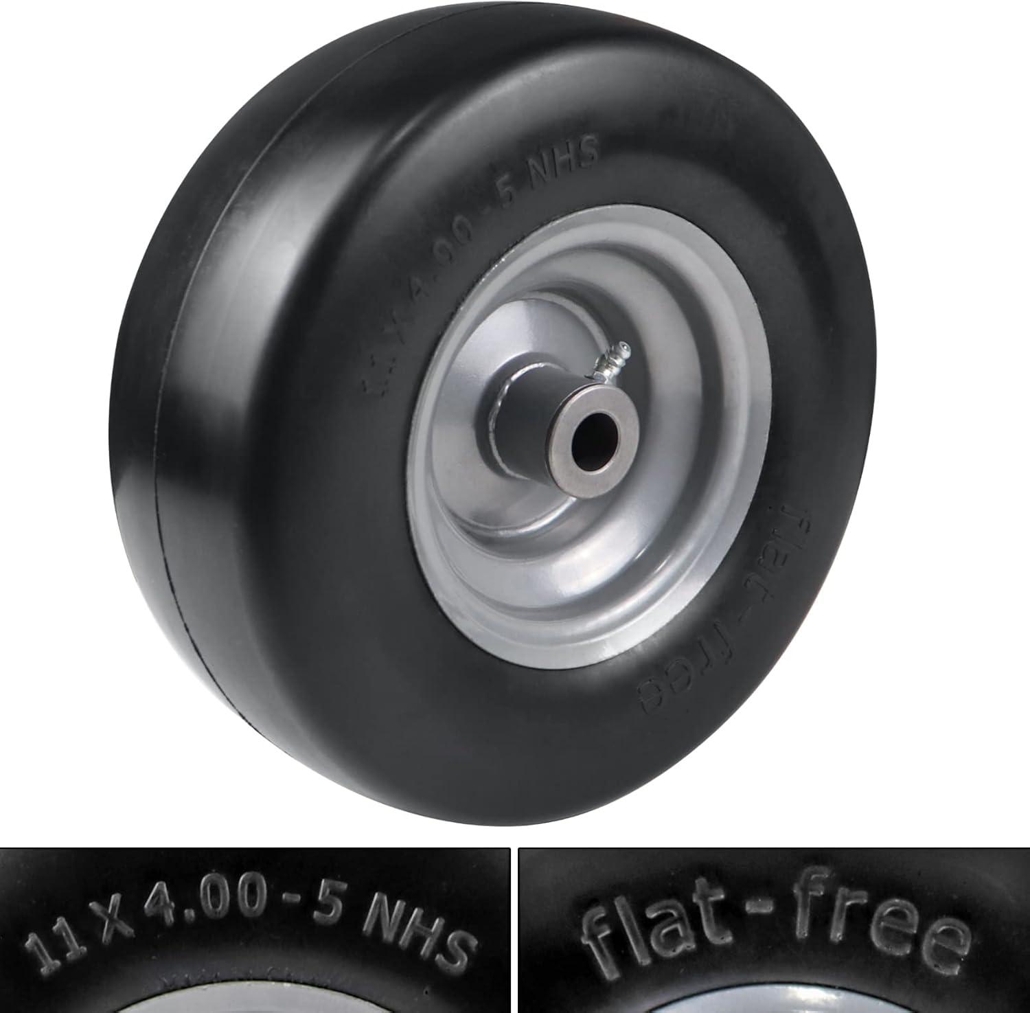 2 PCS 11x4.00-5" Flat Free Lawn Mower Tire on Wheel, 3/4" or 5/8" Bushing, 3.4"-4"-4.5 -5" Centered Hub, Universal Fit Smooth Tread Tire for Zero Turn Lawn Mowers, with Universal Adapter Kit