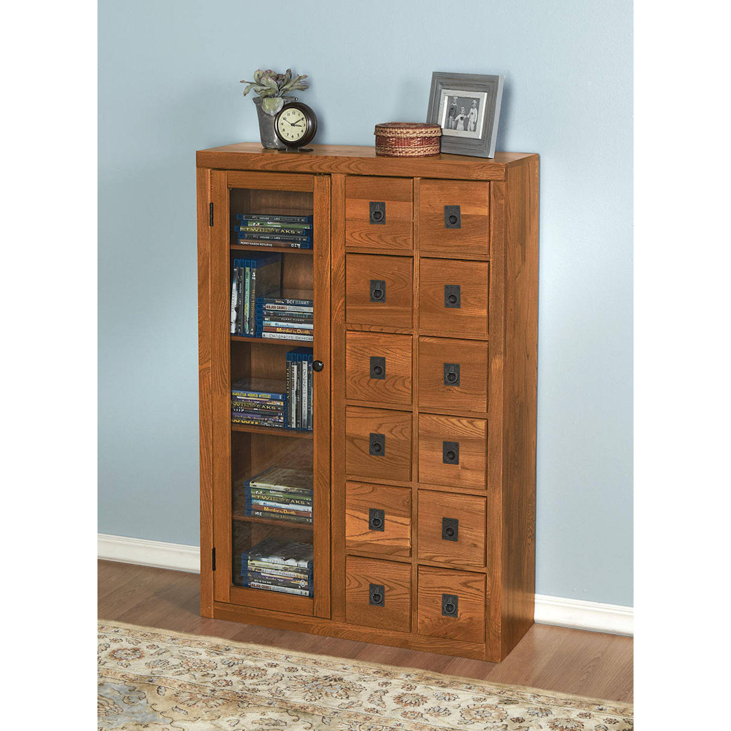Leslie Dame GL06-0518 Glass Door Solid Oak Multimedia Storage Cabinet, Oak