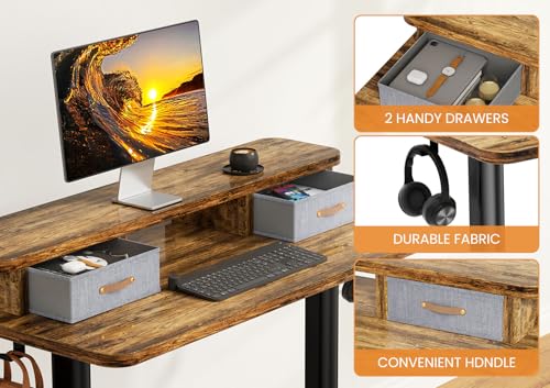 Electric Standing Desk with Dual Drawers, 48" x 24" Height Adjustable Desk Sit Stand Desk with Memory Controller, Casters & 2 Hooks, Low Noise Home Office Desk, Rustic Brown