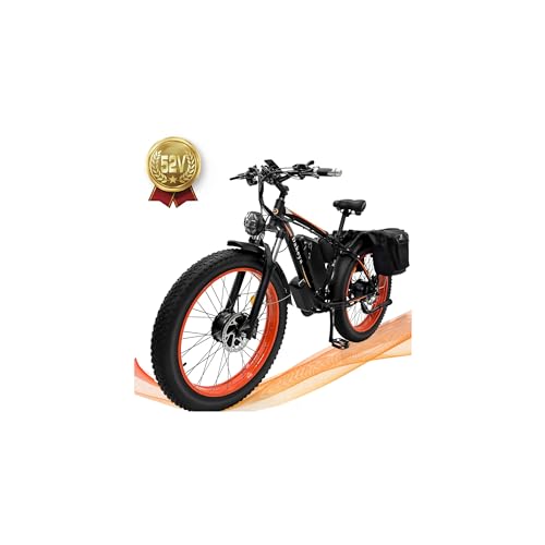 Dual Motor Ebike,52V 23AH Battery Electric Bike for Adults AWD 2000W,21-Speed 35MPH Mountain Snow Ebike with Removable,26" x 4.0 Fat Tire E-Bike with High-Capacity Cycling Pannier Bag