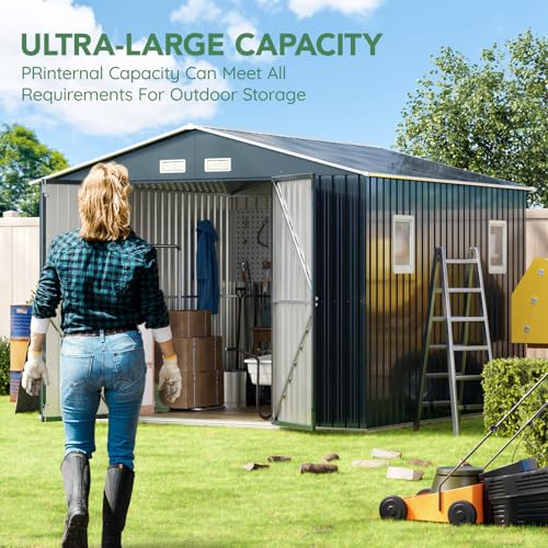 10X12X7.5 FT Outdoor Steel Storage Shed with Lockable Doors, 2 Windows, Transparent Roof Panels (Wood Panels & Frame Floor Not Included), Ideal for Patio Storage,Garbage Can, Chicken Coop，Brown