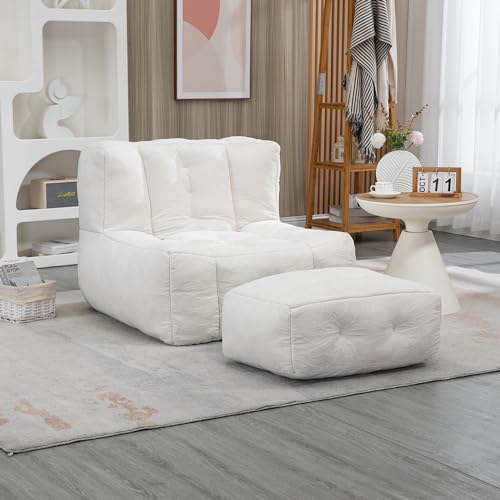 roomfitters Fluffy Bean Bag Chair - Comfortable Super Soft Lazy Sofa Chair with Memory Foam and Ottoman for Adults and Children - Modern Indoor Focus for Living Room, Bedroom, Apartment (Blue)