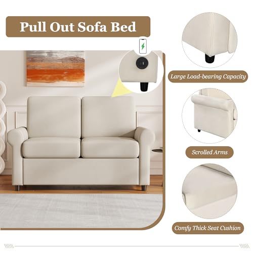 57.4" Pull Out Sofa Bed,Sleeper Sofa Bed with Premium Twin Size Mattress Pad,2-in-1 Pull Out Couch Bed with Two USB Ports for Living Room,Small Apartment, Beige(Old SKU:WF296899) Living Room Furniture