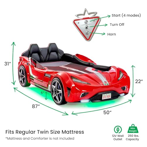 GTS EV Twin Race Car Bed, Remote Control, LED Lights, EV Sound FX, Vegan Leather Interior, License Plate, White