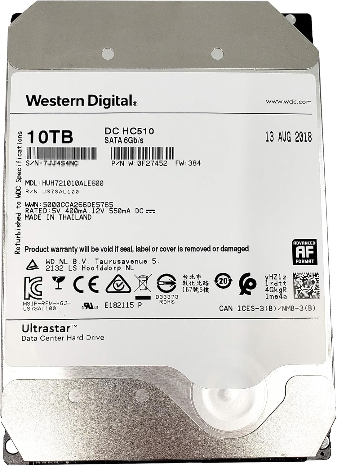 WD 10TB Ultrastar DC HC510 7200 RPM SATA 6.0Gb/s 3.5in Internal Hard Drive Model 0F27452 (Renewed)