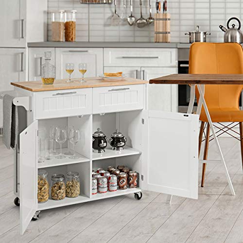 Topment Rolling Kitchen Island Cart Storage Trolley Multipurpose Serving Cart with Storage,Lockable Wheels,Towel Rack and Rubber Wood Top(White)
