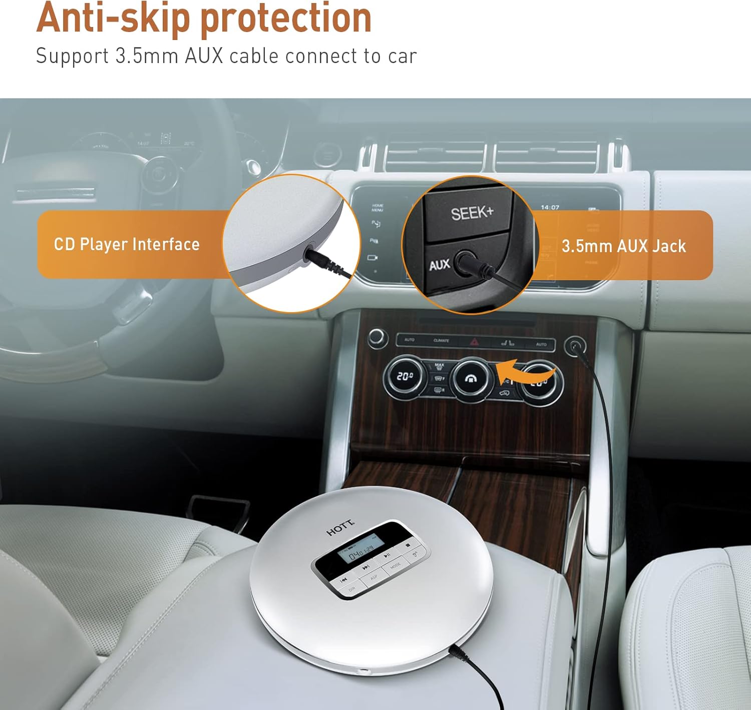 HOTT CD511 Portable CD Player，Personal Compact CD Player for Car with Anti-Skip/Shockproof Protection with Headphones and AUX Cable-Sliver