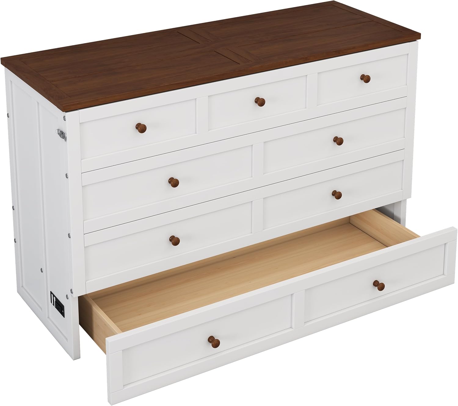 Queen Murphy Bed Queen Murphy Cabinet Bed with Storage Drawers, Murphy Bed with Charging Station, Wood Murphy Bed Cabinet Bed,Murphy Bed Chest Murphy Bed Frame Wall Bed for Guest Bedroom, White+Walnut