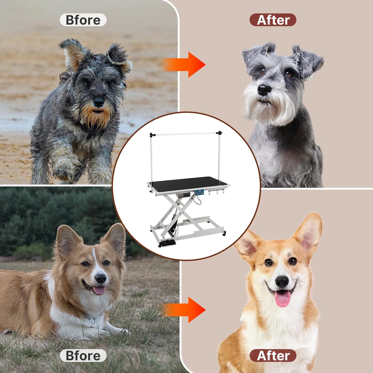 Electric Lift Pet Dog Grooming Table Hydraulic Grooming Table with Adjustable H-Shape Arms and Protective Feet, Heavy Duty Height Adjustable with Overhead Arm, Clamps, and Two Grooming Nooses
