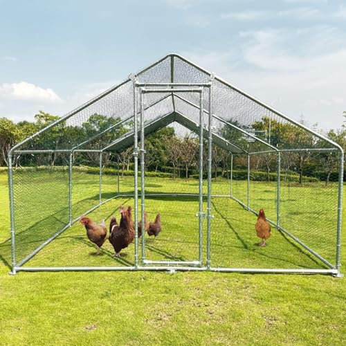 Large Metal Chicken Coop Walk-in Poultry Cage Chicken Run Pen Dog Kennel with Waterproof and Anti-Ultraviolet Cover for Outdoor Farm Use(9.8' L x 19.7' W x 6.4' H)