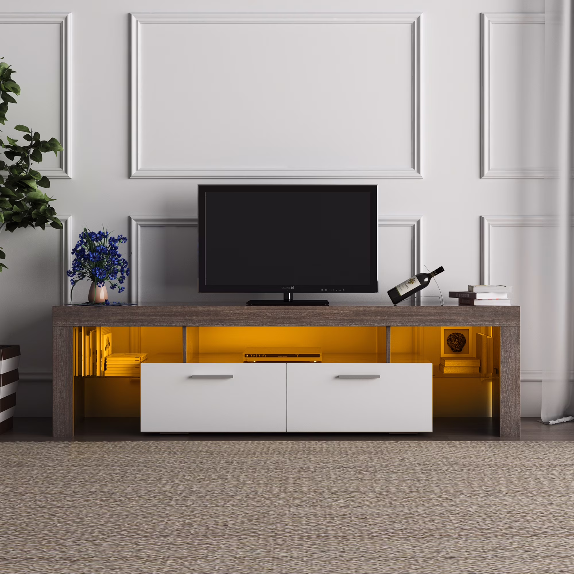 paproos TV Stand for 70 Inch TV, Farmhouse TV Console Table with Storage Drawers and Media Shelves, 16 Colors LED Light&Remote Control, Entertainment Center Television Cabinet for Living Room, Brown