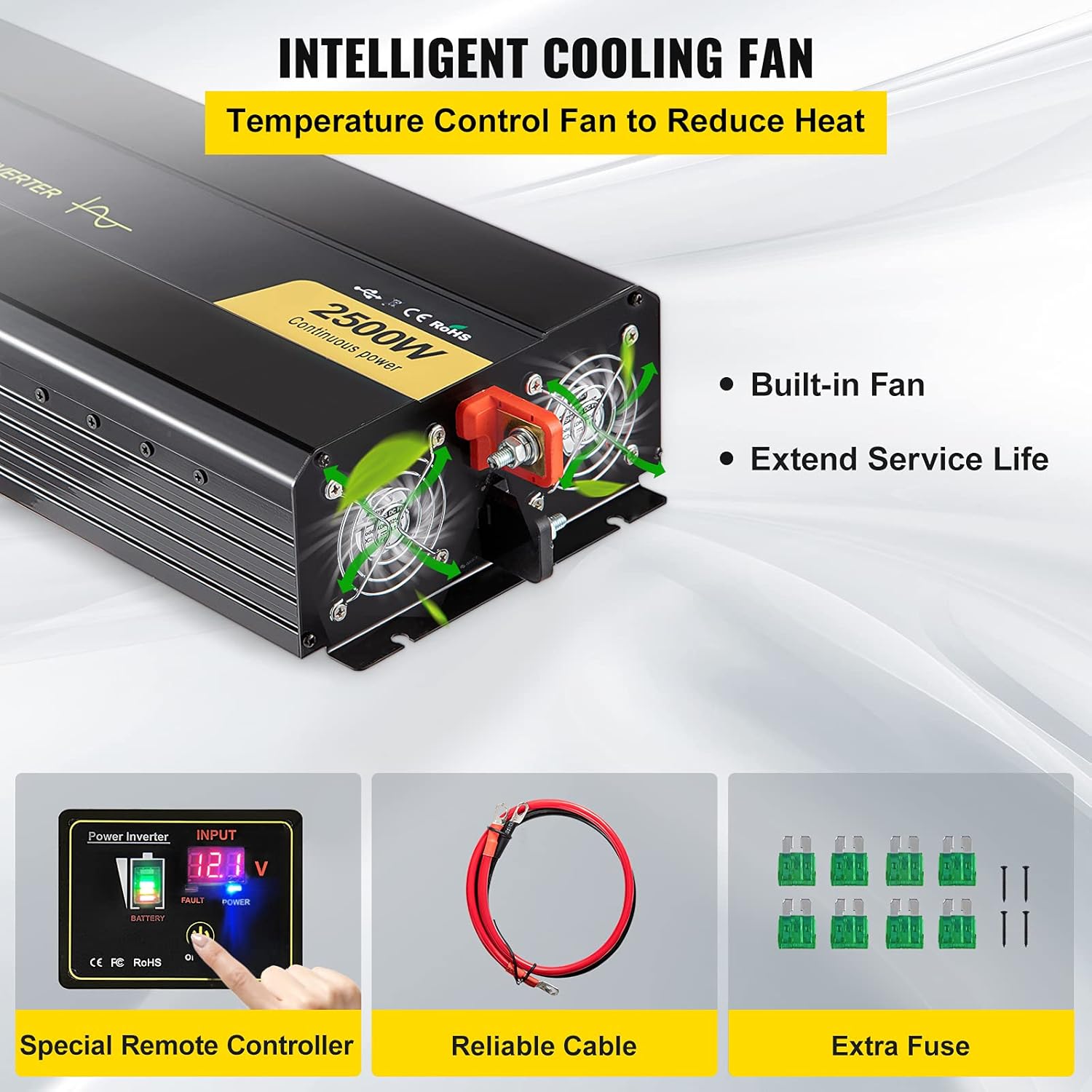 VEVOR Pure Sine Wave Inverter, 2500 Watt Power Inverter, DC 12V to AC 120V Car Inverter, with USB Port, LCD Display, and Remote Controller Power Converter, for RV Truck Car Solar System Travel Camping
