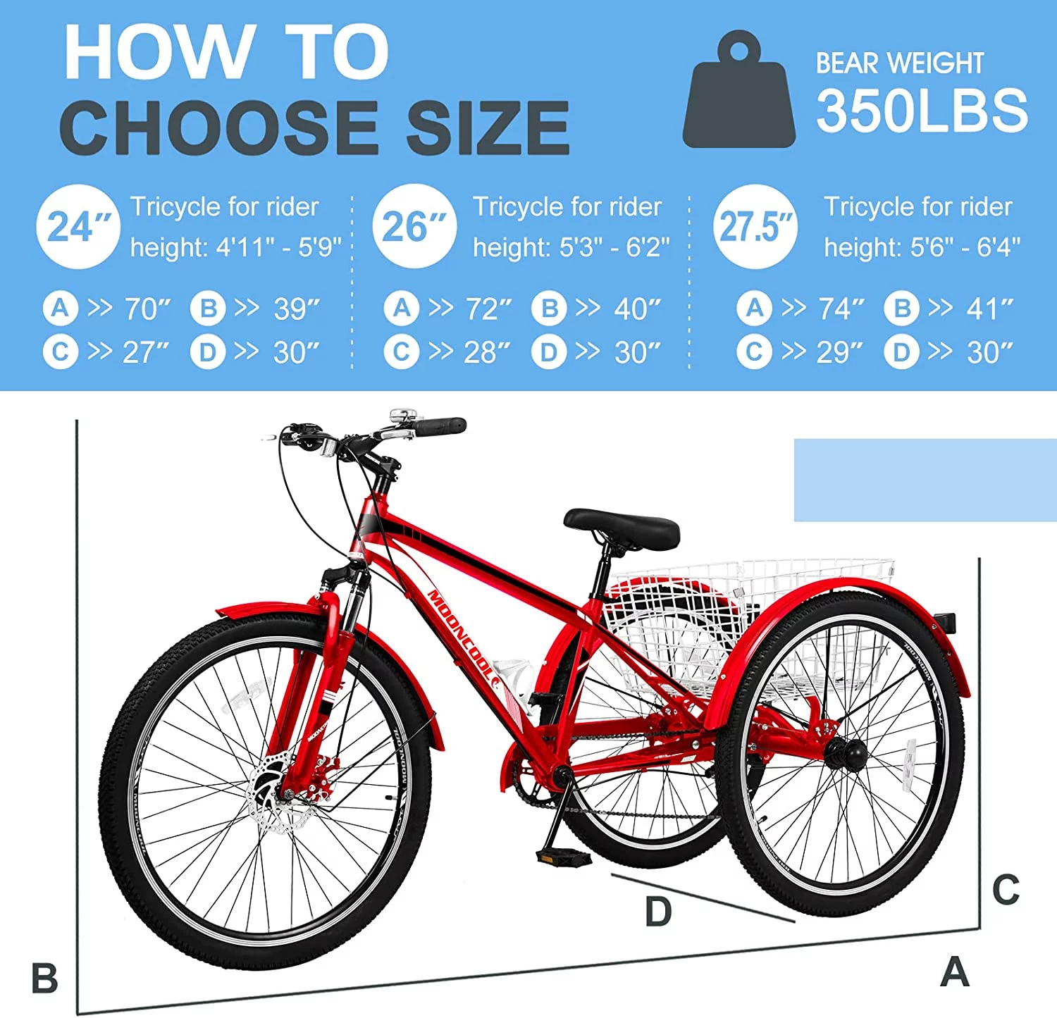 ABORON Mountain Tricycle for Adults, 3 Wheeled 7-Speed Mountain Tricycle 24/26/27.5 inch Men's Women's Tricycles Cruiser Bike with Cargo Basket