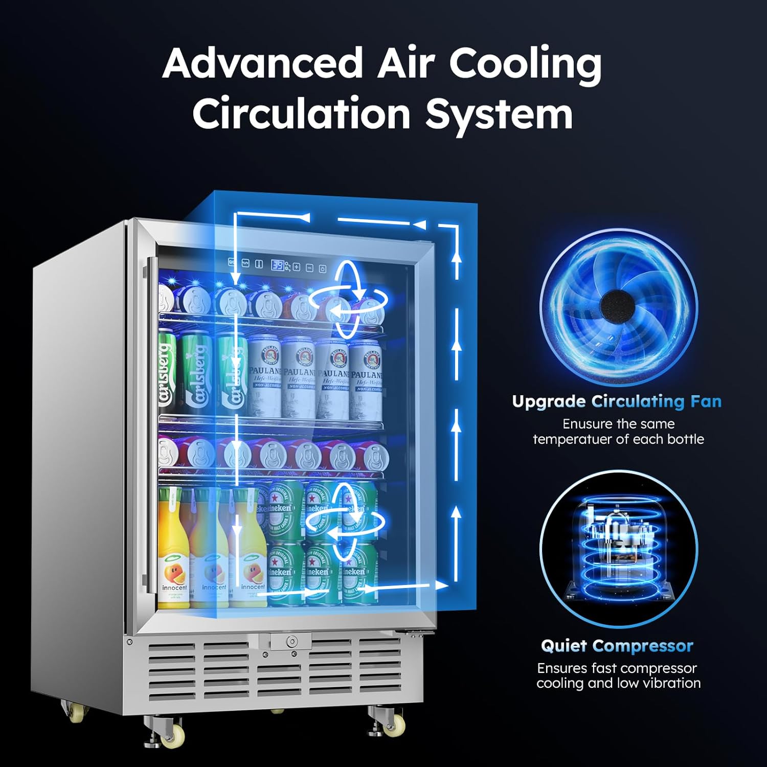 Outdoor Beverage Refrigerator with Glass Door, 24 Inch Under Counter Indoor/Outdoor Beverage Fridge for Patio, 190 Cans Built-in/Freestanding Beverage Cooler Beer Fridge with Safety Lock/Wheels