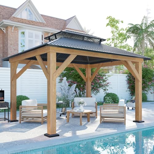 AMERLIFE 10x12 Wood Gazebo, Hardtop Gazebo with Aluminum Double Roof, Outdoor Gazebo with Wood Frame for Parties, Backyard, Lawns, Patio, Black + Natural Wood