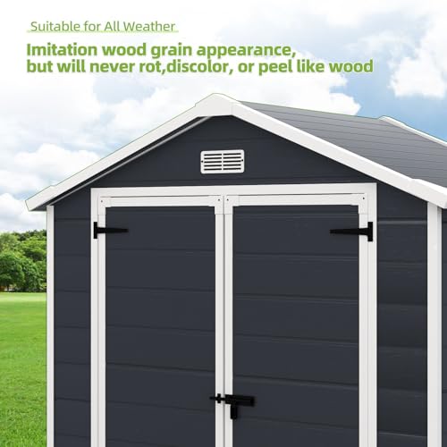Outdoor Storage Shed 6x4.4FT, Resin Shed Plastic with Floor for Garden Tool,Waterproof Outdoor Resin Storage,Lockable Doors for Patio,Yard,Lawn (LightGray 6x4)