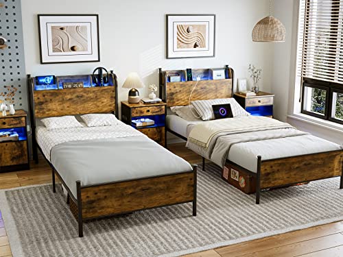 Queen Bed Frame with LED Lights and Charging Station, Queen Platform Bed with Storage Shelf Headboard, Strong Metal Slats Support, No Box Spring Needed, Noise Free, Easy Assembly - Black