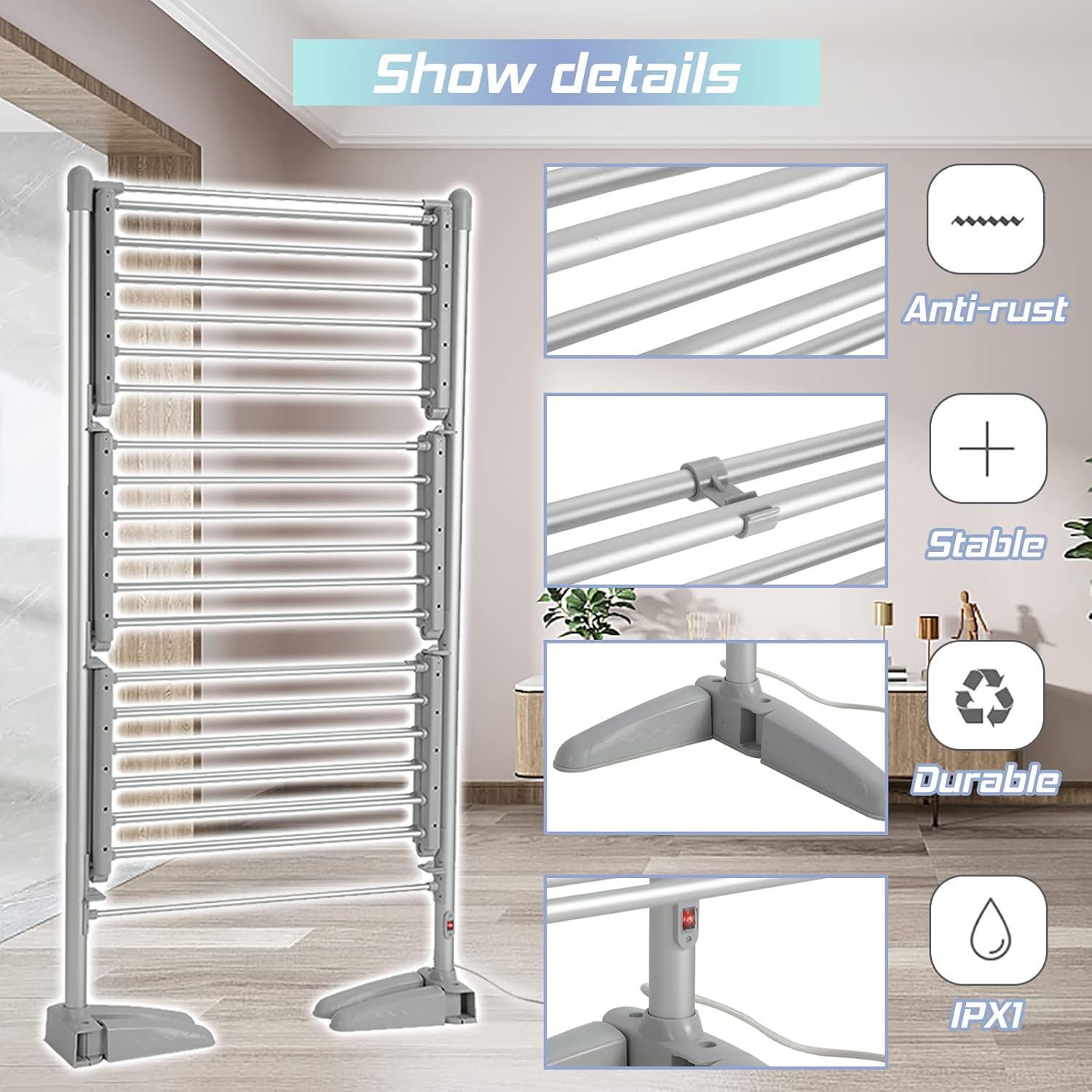 Heated Drying Rack Folding Electric Clothes Drying Rack Collapsible Laundry Drying Rack Free-Standing Heating Garment Dryer Towel Rail Space Saving for Home Indoor Outdoor