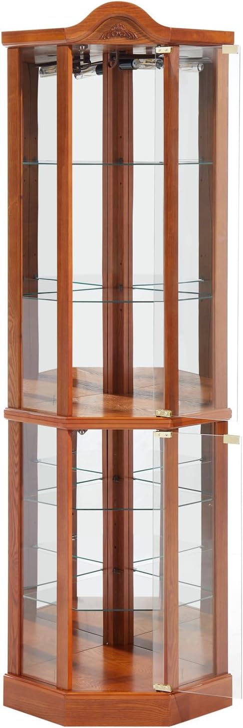 Lighted Curio Cabinet for Living Room, Corner Display Case with Tempered Glass Doors and Adjustable Shelves, Liquor Wine Storage Cabinet, Carved Decoration Glass Display Cabinet (Brown, 72''H)