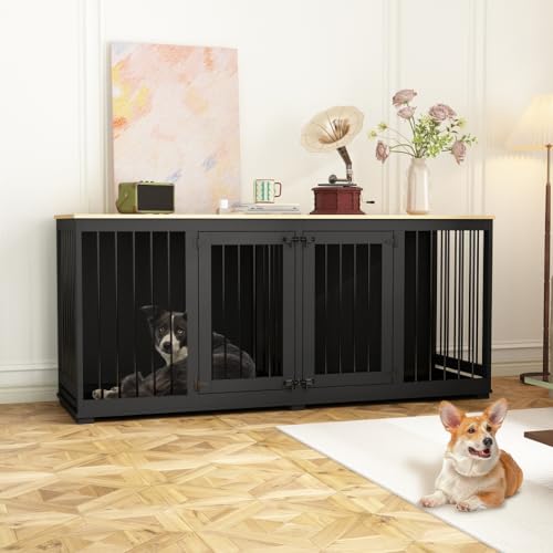 Dog Crate Furniture 71" Heavy Duty Wooden Large Dog Kennel with Trays, Removable Divider, Indoor Furniture Style Dog Crate House W/Double Rooms for Large Medium Small Dogs, White