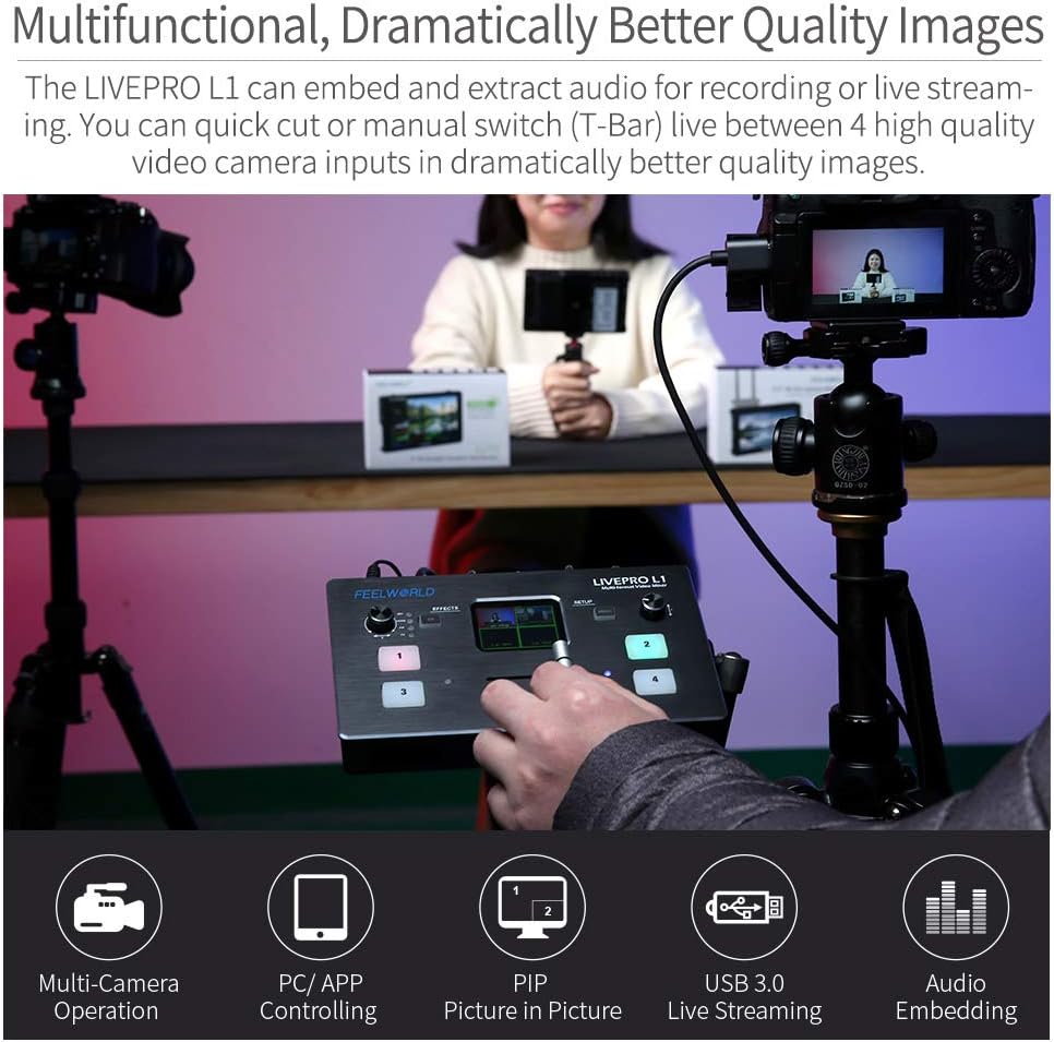 FEELWORLD LIVEPRO L1 4 x HDMI Inputs Multi Format Video Mixer Switcher USB 3.0 Output Real Time Live Streaming Multi Camera Production