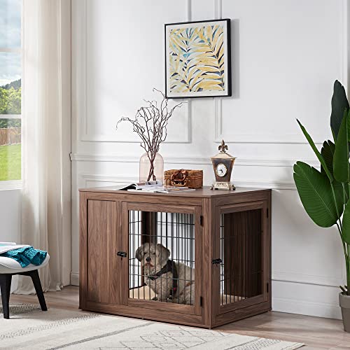 unipaws Furniture Style Dog Crate for Small Dogs, Cats, Min Pigs, Rabbit, Indoor Aesthetic Puppy Kennel, Modern Decorative Wood Wire Pet House Dog Cage, Pretty Cute End Side Table Nightstand, Grey