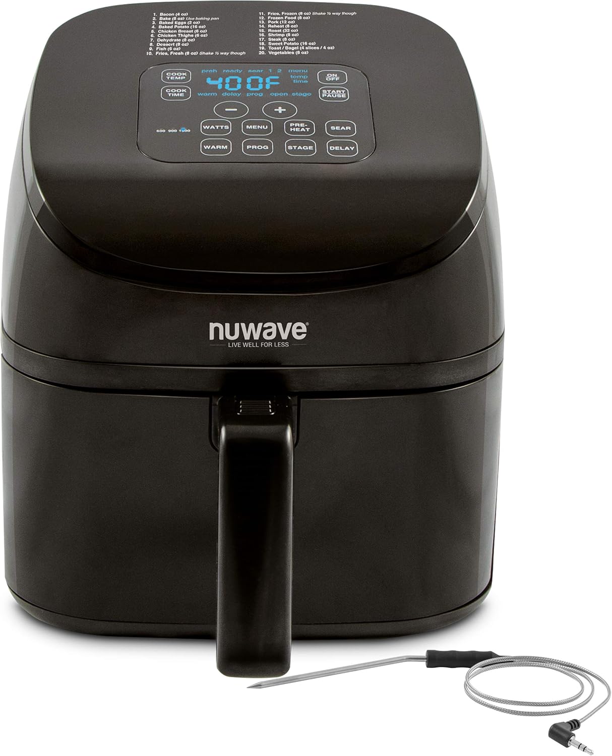 NUWAVE Brio 4.5-Quart Digital Air Fryer includes precise temperature control, one-touch digital controls, 6 easy presets, wattage control, recipe book, Nuwave Cooking Club App, and advanced functions like PREHEAT or REHEAT