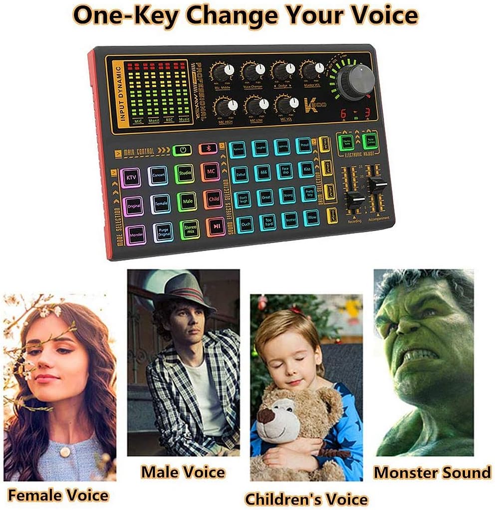Professional Audio Mixer, K300 Live Sound Card and Audio Interface Sound Board with Multiple DJ Mixer Effects,Voice Changer and LED Light, Prefect for Streaming/Podcasting/Gaming/Recording/YouTube/PC Pack of 2