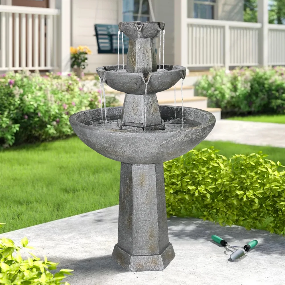 3 Tier Freestanding Waterfall Fountain, 43.3in H Outdoor Fountain with Bird Bath Decor for Garden Patio Backyard Deck Home Lawn Porch