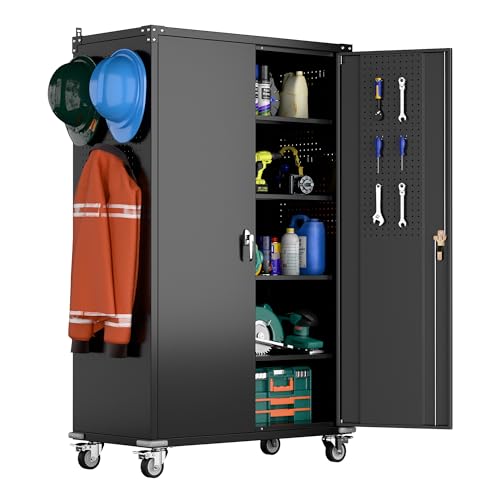 Aobabo 73''H Metal Garage Storage Cabinet with Wheels and Pegboards, 4 Adjustable Shelves Steel Storage Cabinets for Home,Warehouse,Garage,Assembly Required,White