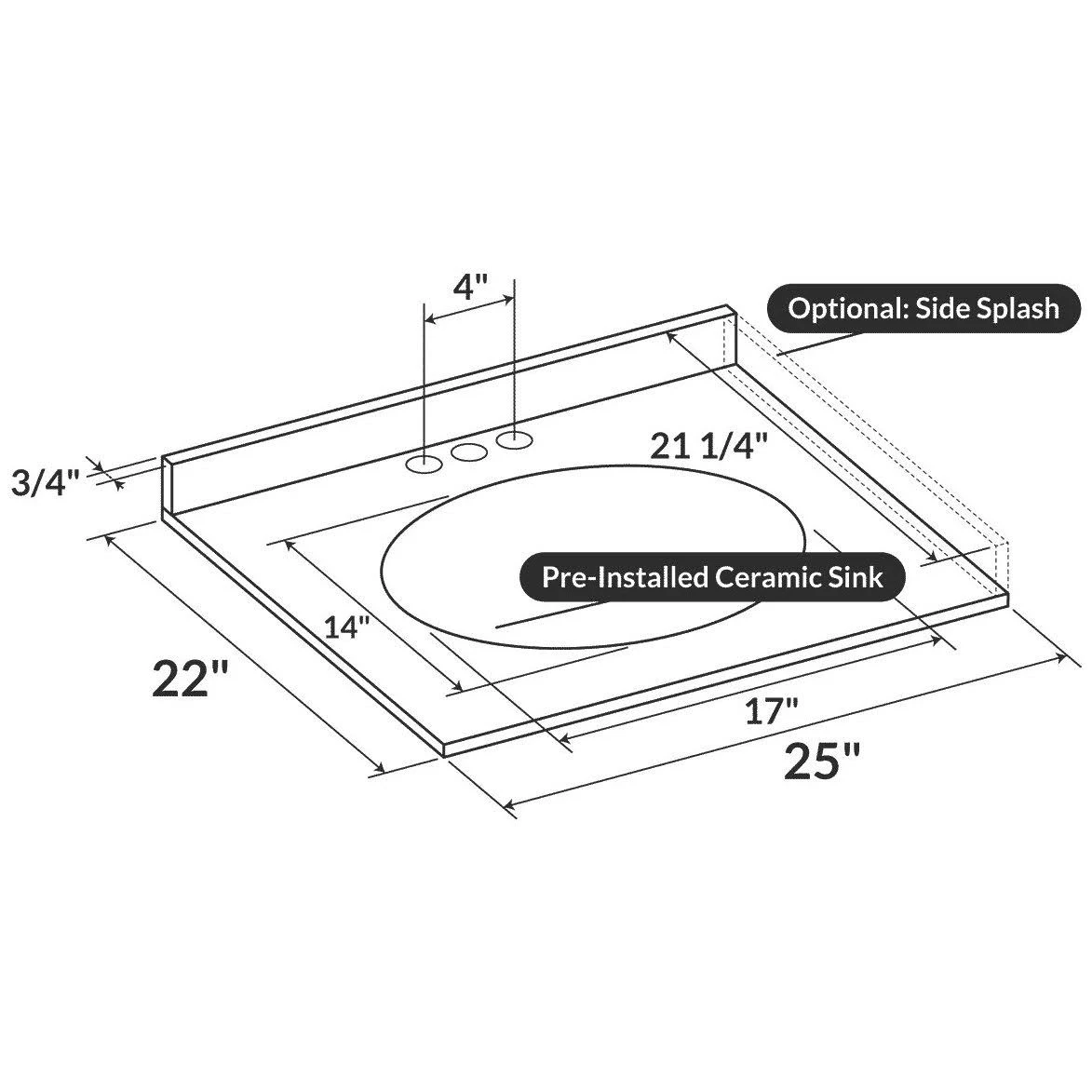 LessCare Absolute Black Granite Vanity Top 25 in x 22 in with Backsplash 4 in Spread LGA25224