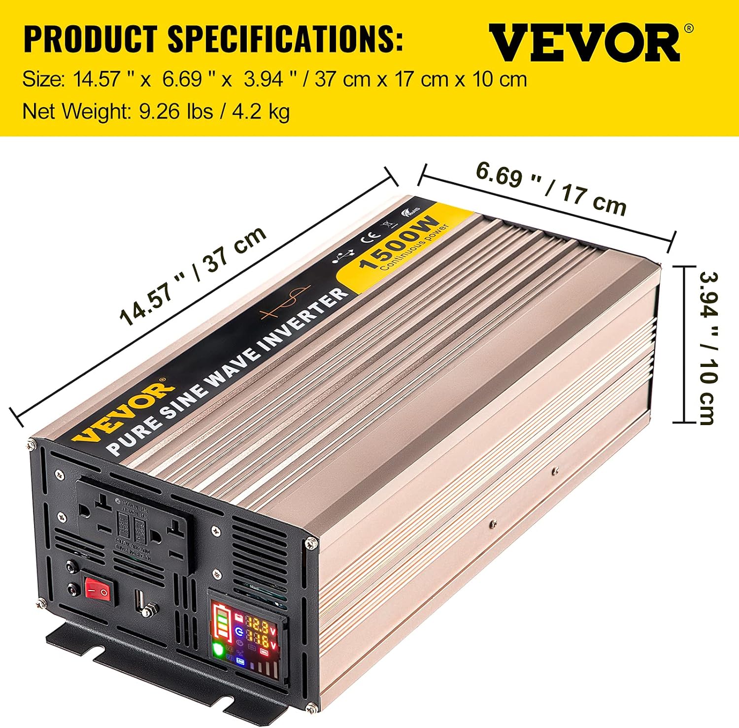 VEVOR Pure Sine Wave Inverter, 1500 Watt Power Inverter, DC 12V to AC 110V Car Inverter, with LCD Display, 5V USB Port, AC Outlets (GFCI) Power Converter, for Car, RV Truck,Solar System,Travel Camping