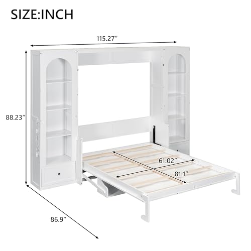 KLMM Wooden Murphy Bed Wall Bed with 2 Wardrobe and Storage Shelf,Foldable Platform Bedframe for Guest-Room Bedroom Study Office Use (White#E, Full)