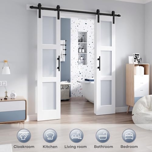36x84 Inch Glass Sliding Barn Door Slab and 6.6ft Hardware Kit Included, 5 Frosted Glass, LVL Wood Panel Covered with White Water-Proof Scratch-Proof PVC Surface, Simple DIY Assembly