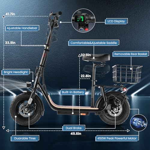 Caroma Peak 800W/1200W Electric Scooter Adults, 30 Miles Max Range, Foldable Electric Scooter with Seat, Front Suspension, Detachable Large Basket,Commuter E-Scooter for Adult and Teens