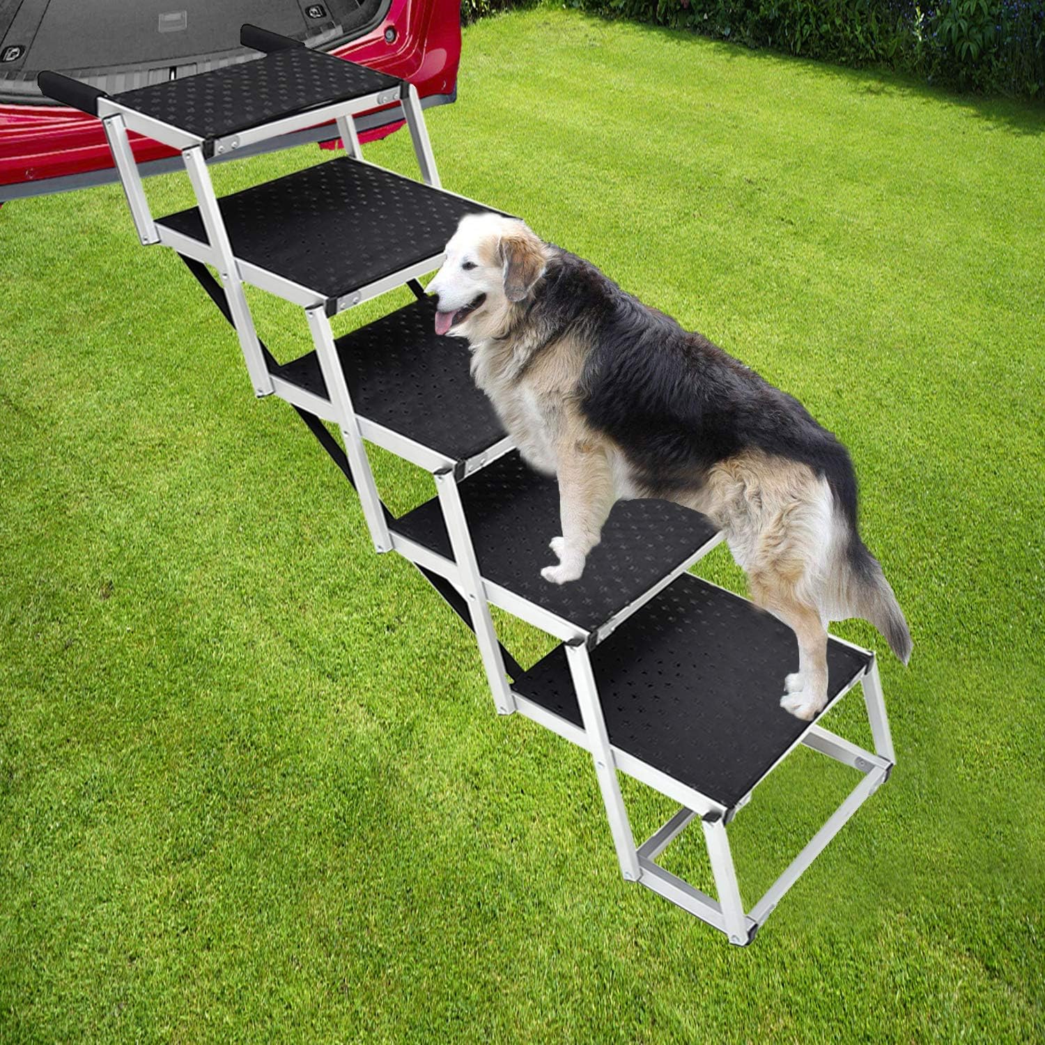 Portable Dog Stairs for Large Dogs, Foldable Aluminum Lightweight Pet Ramps,Accordion Pet Ladder Dog Car Steps with Non-slip Surface for High Beds, Trucks, Cars and SUV, Supports up to 150 lbs,5 Steps