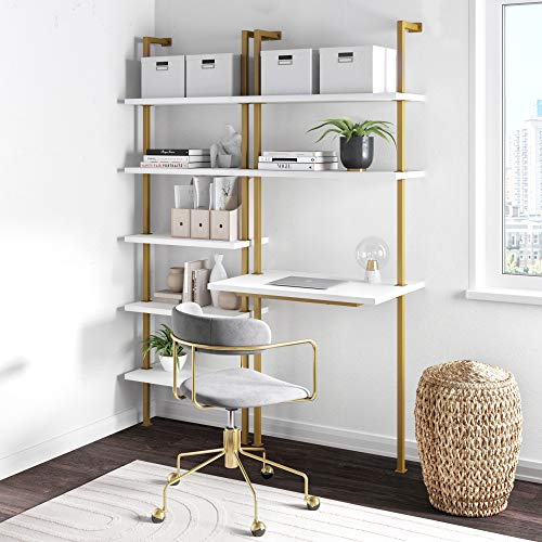 Nathan James Theo 2-Shelf Industrial Wall Mount Ladder Small Computer or Writing Desk, White/Gold Brass