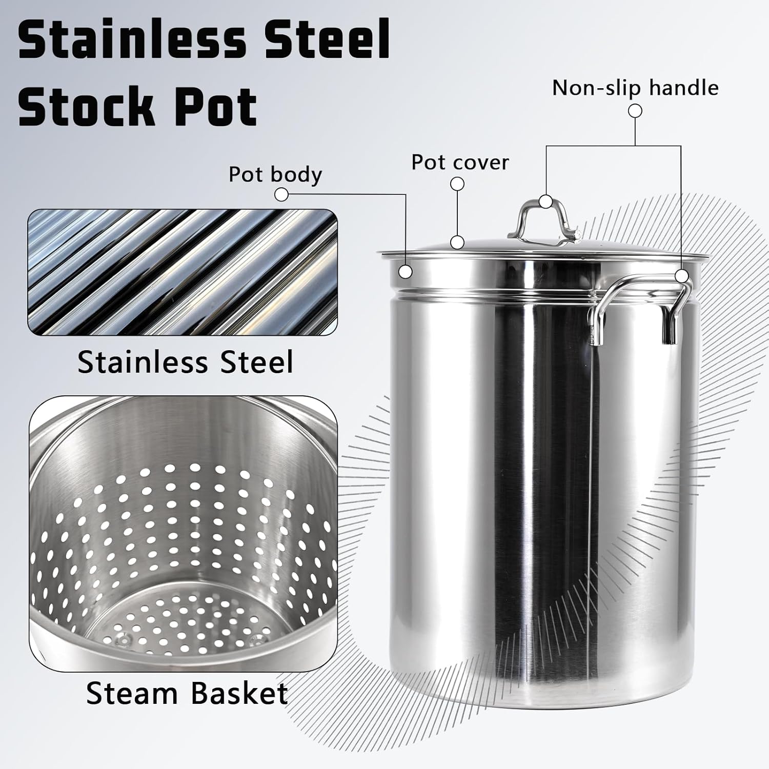 Stainless Steel Cookware Stock pot 44-Quart Outdoor Large Capacity Party Chicken Fish Steamed Seafood Clams Vegetables Multipurpose Stock Pot with Strainer Sturdy Smooth surface Easy to Clean