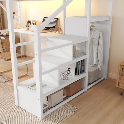 Full Size Loft Bed with Stairs and Storage, Metal Loft Bed Frame with Bedside Shelf and Large Under-Bed Space, Heavy-Duty Bed for Adults Teens and Kids, Black