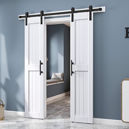EaseLife 54 x 84 inch White Barn Door with 9FT Sliding Door Hardware Kit Included & Handle,Solid Wood Covered with Waterproof PVC Surface,DIY Assemblely,Easy Install,H-Frame,Fit 50-52in Wide Opening
