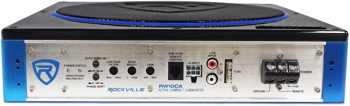 Rockville RW10CA 10" 800 Watt Under-Seat Slim Amplified Car Subwoofer +Wire Kit