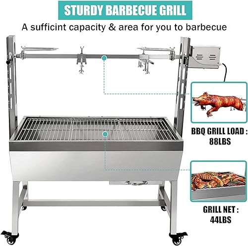 Stainless Steel Rotisserie Grill With Back Cover Guard, 25W Motor Small Pig Lamb Rotisserie Roaster, 37 Inch BBQ Charcoal Rotisserie Grill For Camping Outdoor Kitchen (with Baffle)