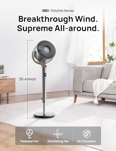 Dreo Standing Fan, 120°+120°Omni-directional Oscillating Fan For Bedroom, 80 ft Circulator With Remote, DC Motor Quiet Fans, Adjustable Height, 8 Speeds, 3 Modes, 8H Timer, Home Office, PolyFan
