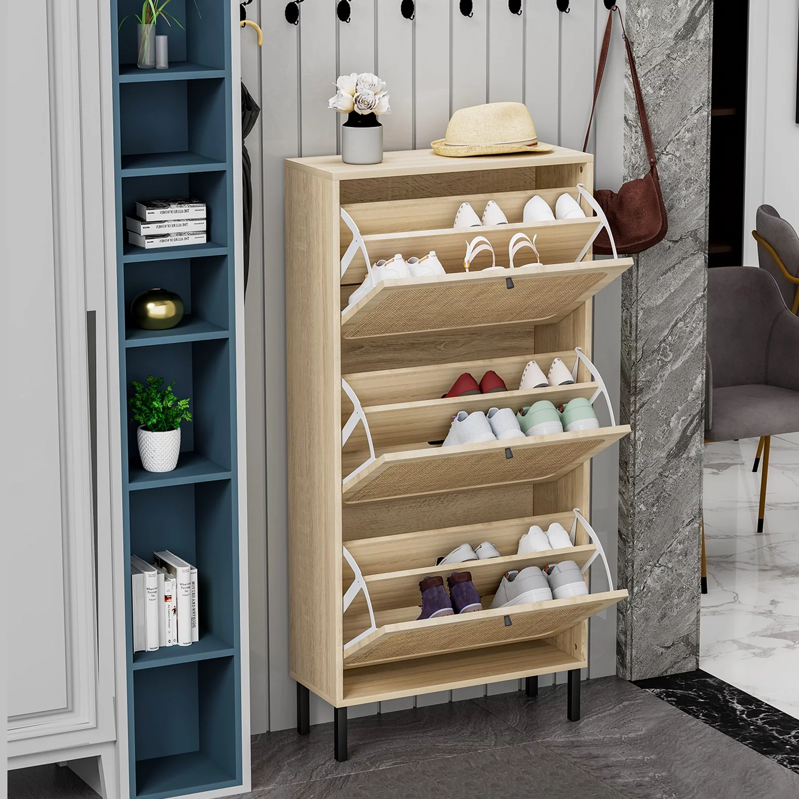 Sweiko Wooden Shoe Storage Cabinet with 3 Flip Drawers for Entryway Store 18 Pairs Natural Rattan