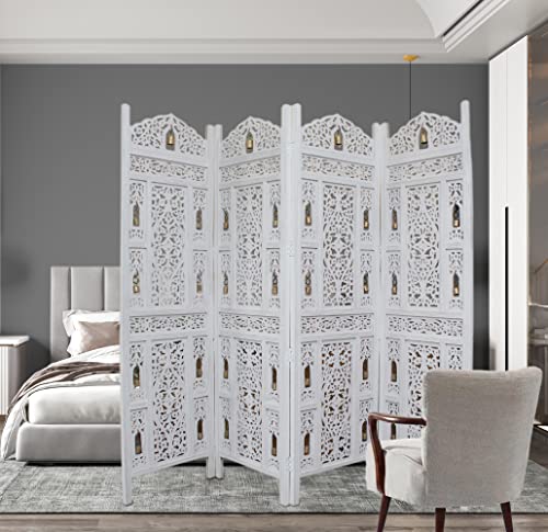 Room Divider Wood Screen - Ghanti Bells Antique Brown - 4 Panel Folding 72 x 80 - Assembled Hand Carved Decorative Functional Versatile Portable Partition Reversible Privacy Boho - COTTON CRAFT