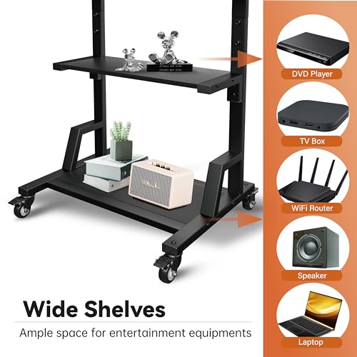Mobile TV Stands for Flat Curved Screens, Rolling TV Cart Floor Stand with Mount, Shelf and Wheels for Living Room, Bedroom and Office