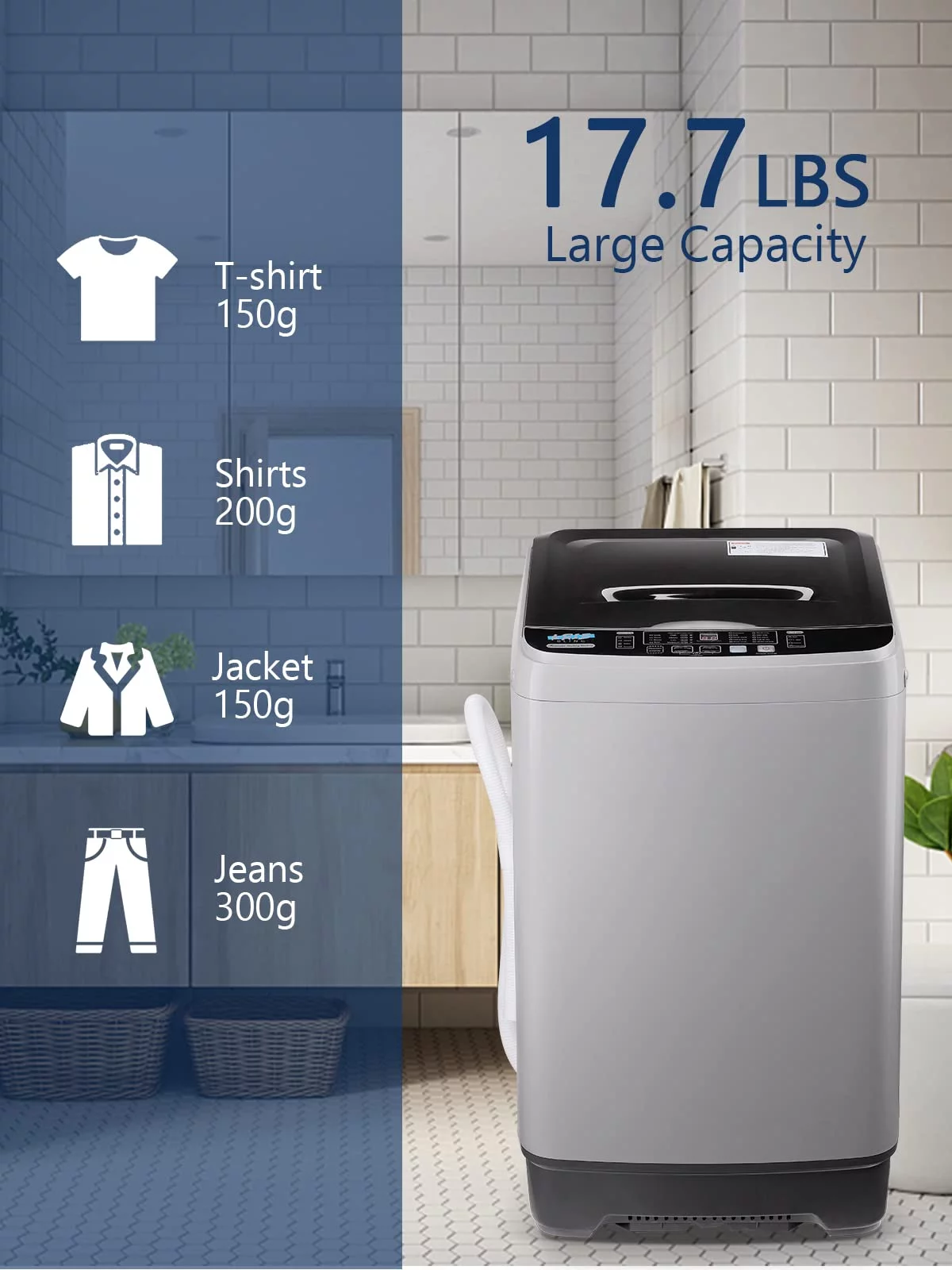 GGTB Compact Washing Machine, 17.6lbs Capacity, 1.9 Cu.ft Portable Washer with LED Display, Fully Automatic Washing Machine with Timed Settings for Apartments, Dorms, Grey