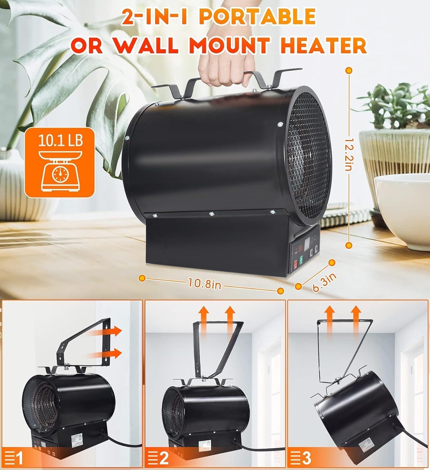 Electric Garage Heater with Full-Function Remote, TONINGIO 240-Volt Digital Fan-Forced Wall/Ceiling Mount Heater w/Bracket and Thermostat, 9-Hour Timer
